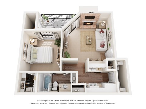 Floor plan for 1 bed, 1 bath, 684 sqft